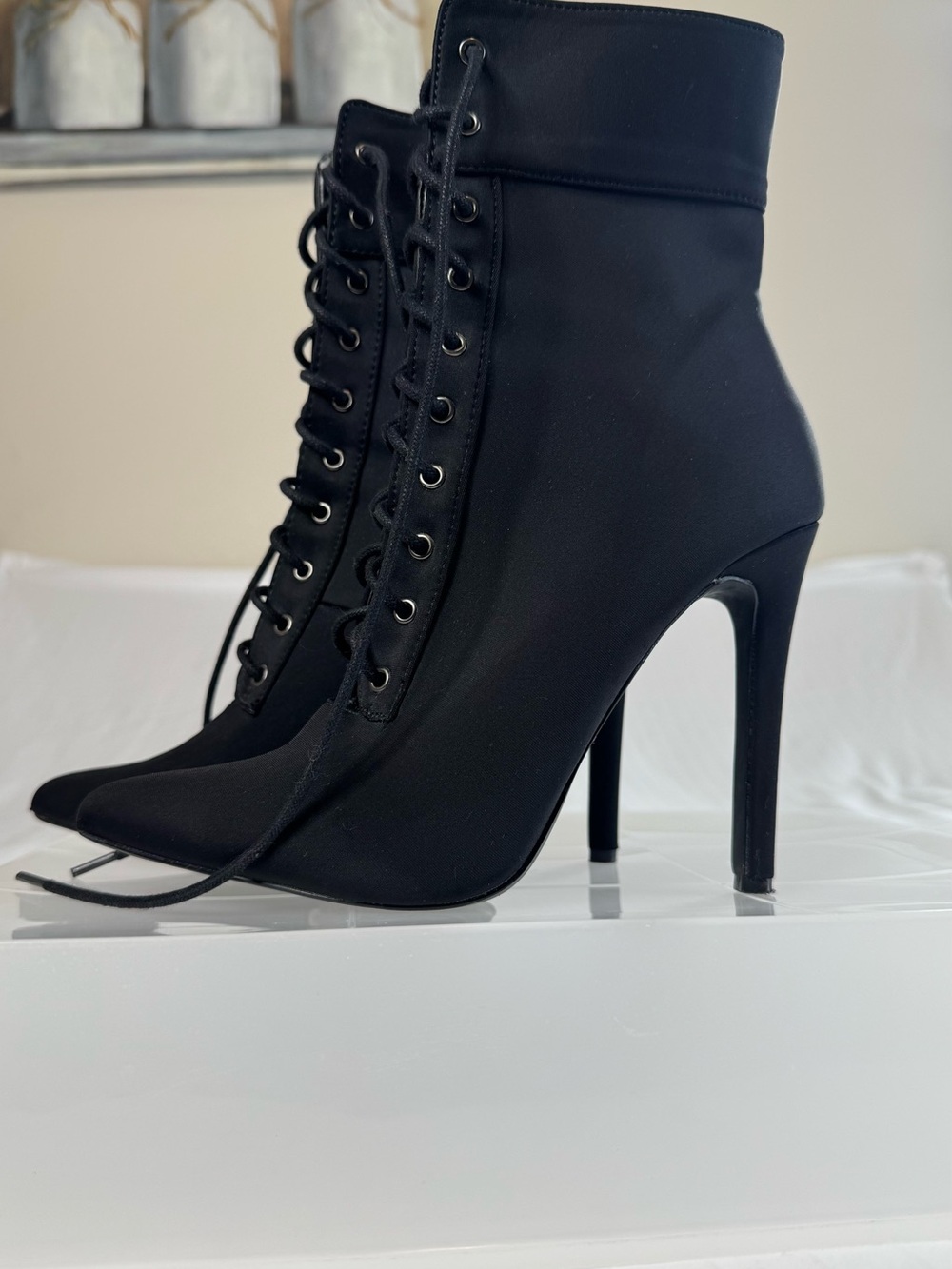 Sleek Black Lace-Up High-Heel Ankle Boots